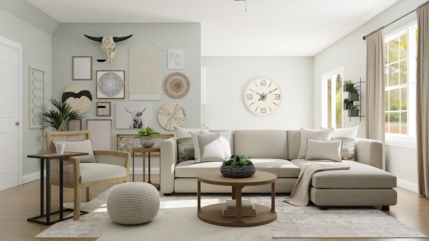 Before-and-after style interior design transformation of a living space